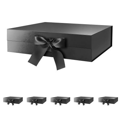 BLK&WH 6 Large Gift Boxes with Ribbon 13.5x9x4.1 Inches, Black Gift Boxes with Lids Large, Groomsmen Boxes, Luxury Magnetic Boxes for Presents (Glossy Black)