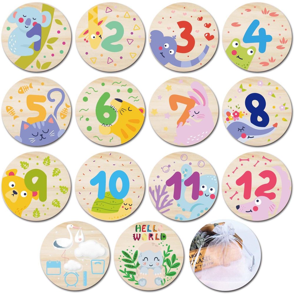 RORANIC Wooden Baby Monthly Milestone Cards with Birth Announcement Sign Newborn Photography Props Baby Shower Gifts for Boys and Girls (Monthly Milestone Cards)