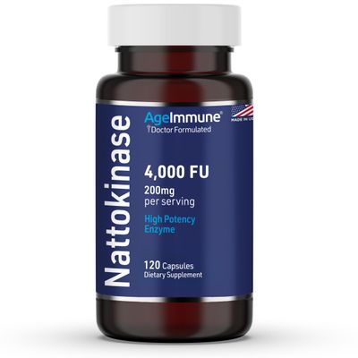 AgeImmune Nattokinase Supplement 4000 FU 200mg - Enzyme - Cardiovascular Support 120 Capsules -Derived from Japanese Natto - Made in The USA Without Magnesium Stearate.