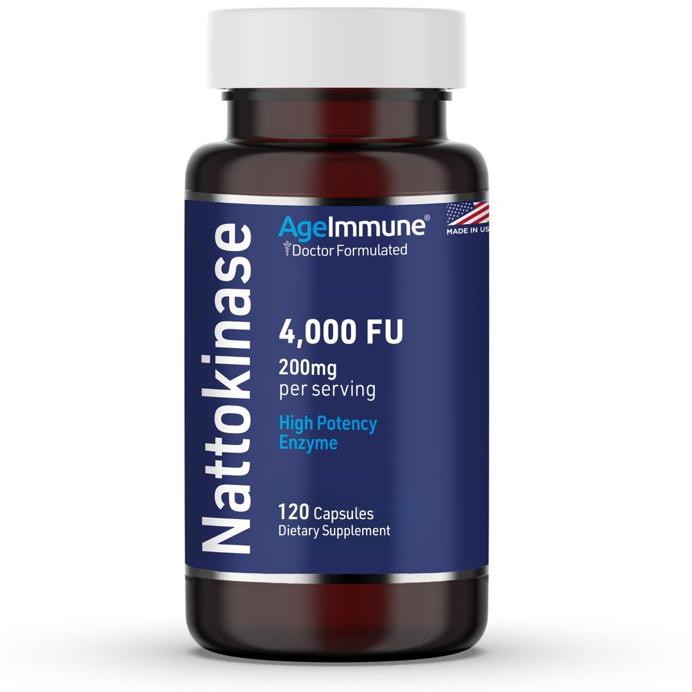 AgeImmune Nattokinase Supplement 4000 FU 200mg - Enzyme - Cardiovascular Support 120 Capsules -Derived from Japanese Natto - Made in The USA Without Magnesium Stearate.