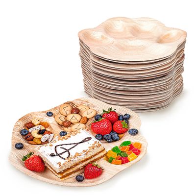 ECODECO Palm Leaf Plates - 25 Pack 10-Inch Divided Paw-Shaped Disposable Durable Dinnerware for Birthdays, Catering & Events - Like Bamboo Natural Leaf Look
