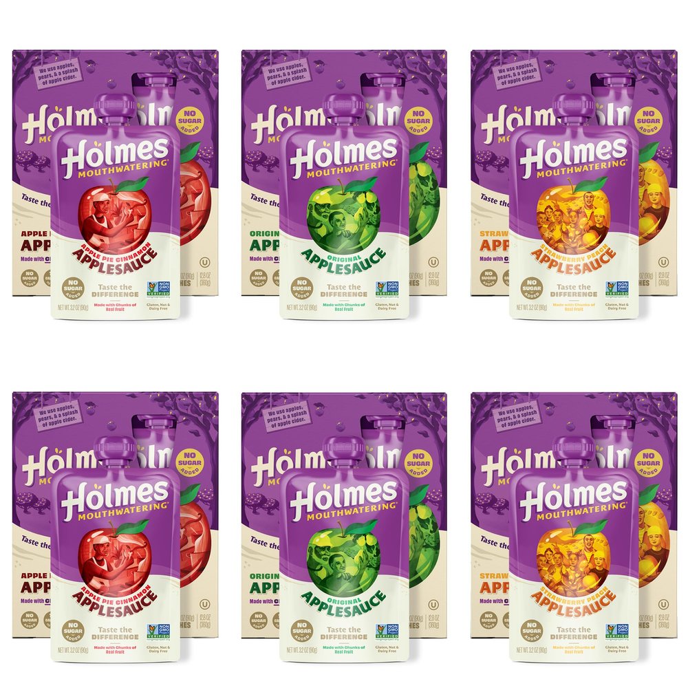Applesauce Squeeze Pouch Variety Pack (8 Original Apple, 8 Apple Pie Cinnamon, 8 Strawberry Peach) 24 Pack of 3.2 oz | Work Snacks on the Go with Real Chunks of Fruit - Applesauce