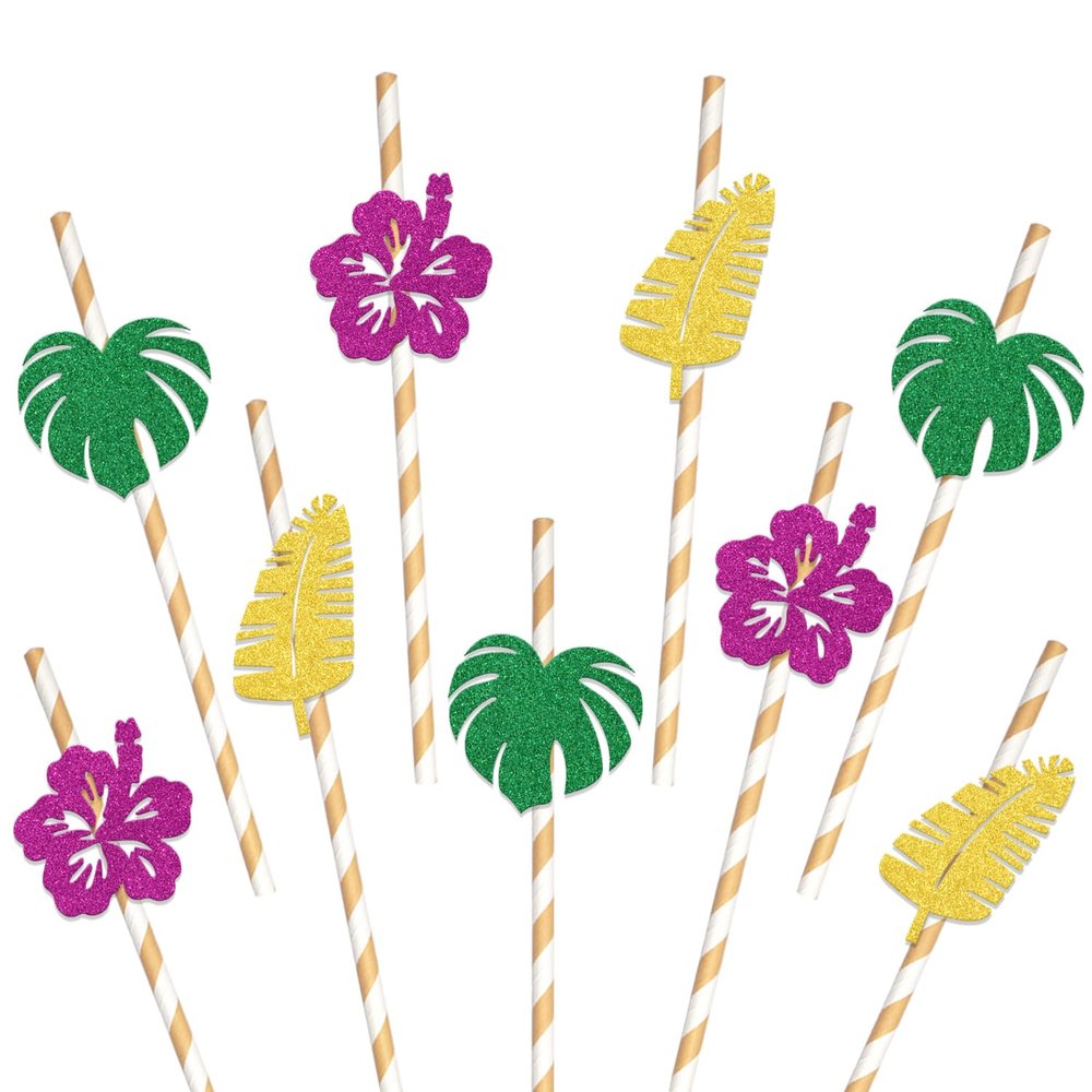 AETGDDS Tropical Paper Straw Decor, Palm Leaf Party Decorations, Hawaiian Tropical Paper Straws, Safari Leaves Summer Beach Party Decor Supplies 24Pcs Green, 1, Gold, AE-0126