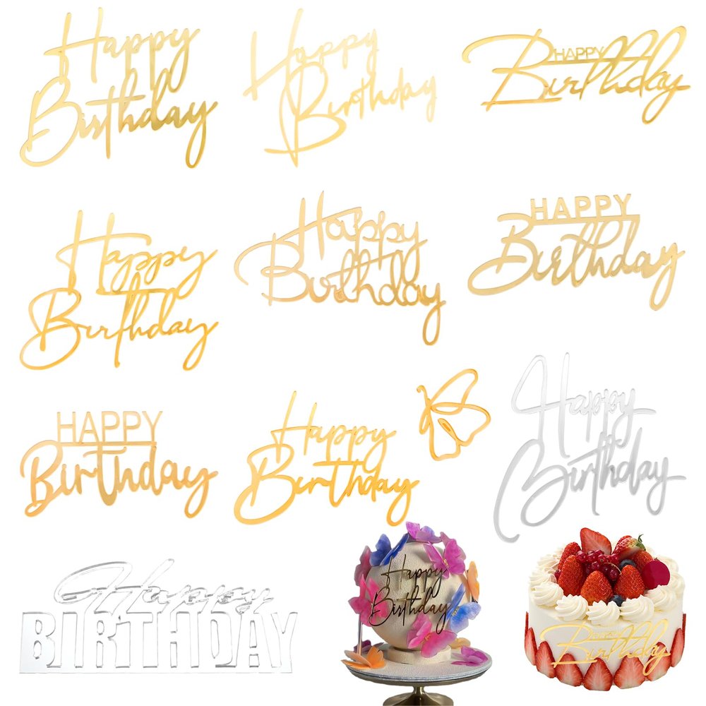 10 PACK Happy Birthday Cake Toppers, Side Mirror Acrylic Cake Toppers, Gold Acrylic Birthday Cupcake Toppers, DIY Cake Decor Cake Tools Birthday Party Supplies