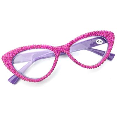 mincl Full Crystal Shiny Cat Eye Reading Glasses For Women Vintage Fashion Luxury Rhinestone Reading Glasses Female Elegant Reader (purple, 0, x)