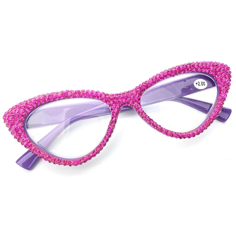 mincl Full Crystal Shiny Cat Eye Reading Glasses For Women Vintage Fashion Luxury Rhinestone Reading Glasses Female Elegant Reader (purple, 0, x)