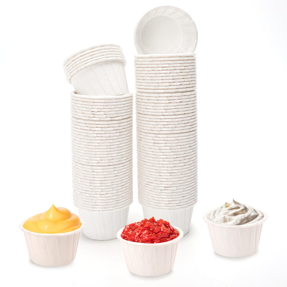 100PCS Paper Cup Liner Disposable Container,2.1x1.2",1oz, Bowl Tray Organizer for Ketchup, Melting Wax Bean Face Nose Hair Removal, Ice Cream Cake Condiment Sauce Ramekin Shot Souffle Sample Serving