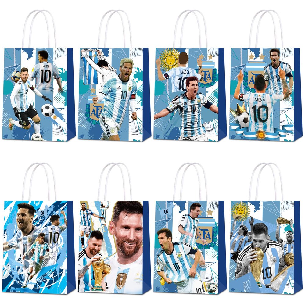 Mukity 24Pcs Argentina Messi Party Gift Bags - Candy Bags, Tote Bags,Miami Messi Party Supplies Gift Bags for Kids - Paper Favor Packs for Adults Birthday Party Decor - 8 Patterns