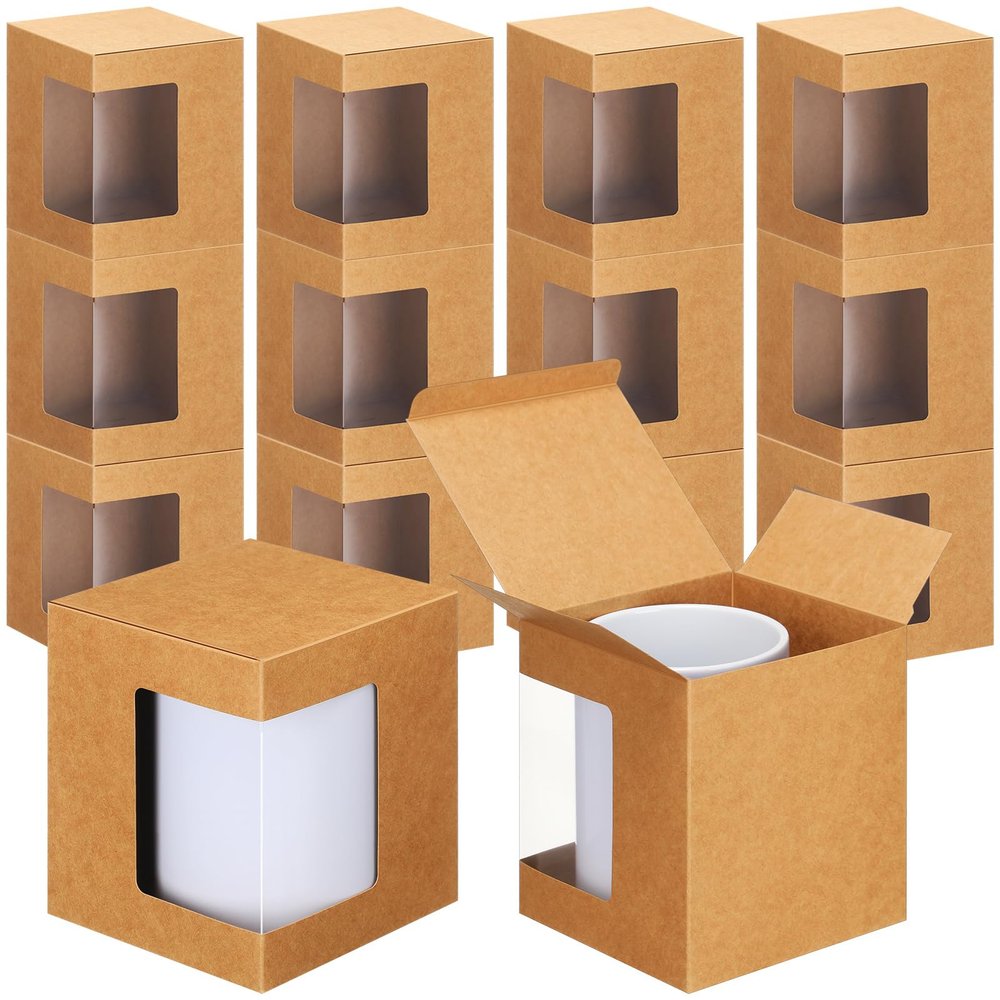 Harloon 72 Pcs Mug Boxes for Gift - Transparent Packaging Box - 11oz, 12oz, 15oz Ceramic Blank Coffee Mugs - Kraft Brown