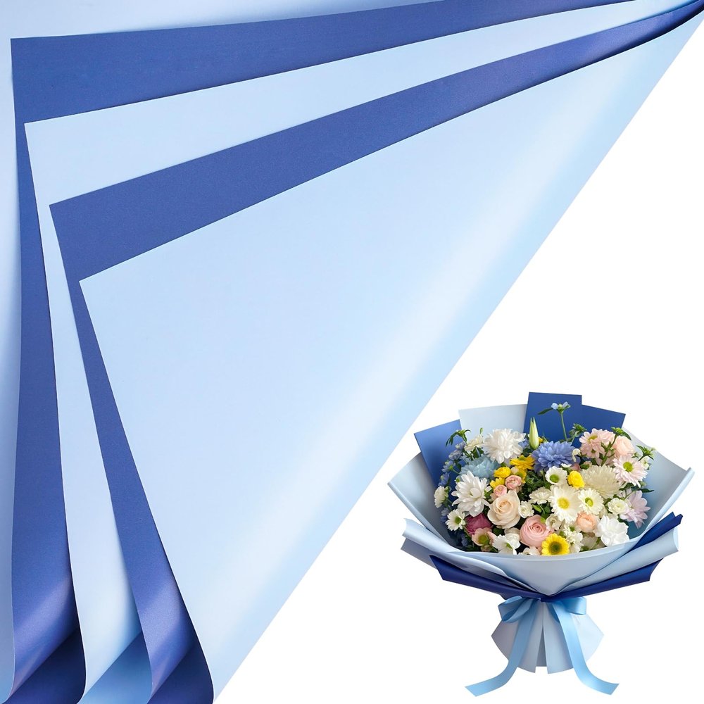 LeZakaa 20 Sheets Flower Wrapping Paper - Waterproof Reversible Floral Bouquet Paper - Sky Blue and Navy Blue Design for Father's Day, Graduation, Party, Holiday