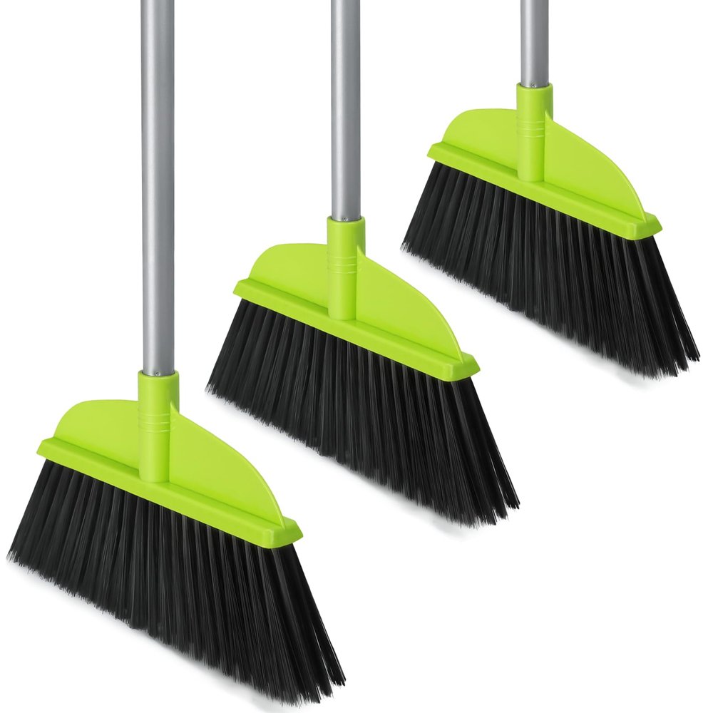 3 Packs Indoor Brooms for Sweeping Hardwood Floor Green Angle Broom with 55 Long Handle for Kitchenette Floor Cleaning