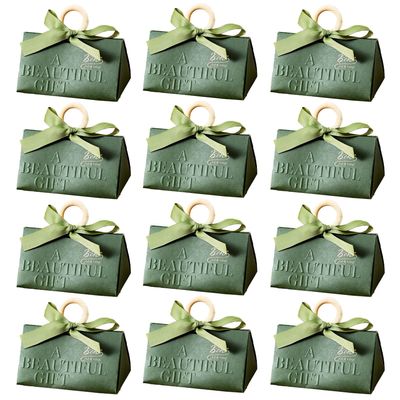 12Pack Small Thank You Gift Bags, Party Favor Bags Boxes with Bow Ribbon, Paper Gift Bags with Handles, Mini Candy Treat Bags for Wedding Valentine's Day Bridal Baby Shower Birthday Party(Green)