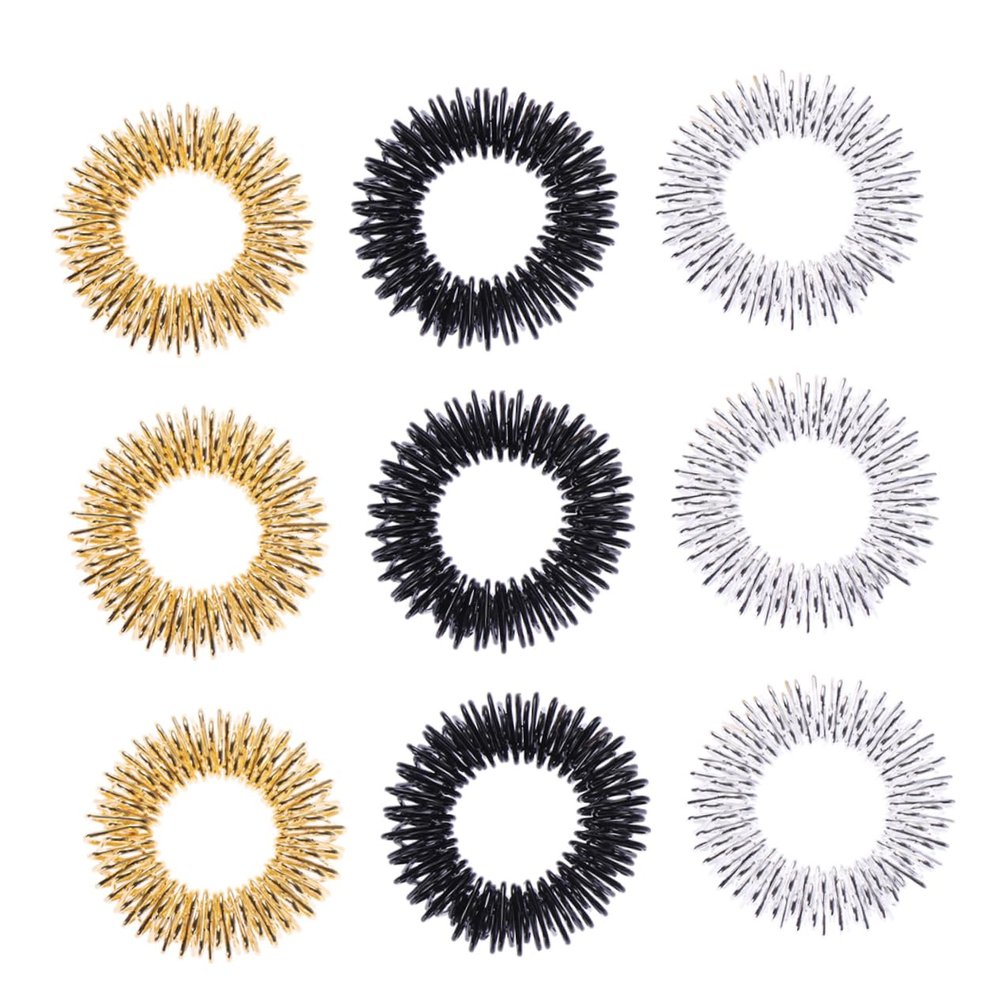 FRCOLOR 9pcs Acupressure Finger Massage Rings Metal Finger Massager for Fatigue Relief Hand Stress Relief and Improved Circulation Includes Gold Silver Black Options