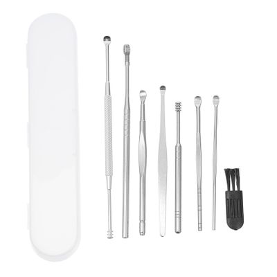 FRCOLOR 1set Stainless Steel Ear Wax Removal Tools Set Comfortable Ear Cleaning Kit Black Brush and White to Clean for Buildup Removal