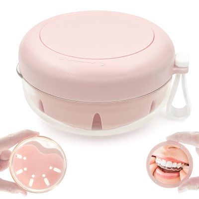 THSTOIC Denture Case & Cup, Travel Retainer Case with Mirror, No-Leak False Teeth Cleaning Container: Full & Partial Dentures Soaking, Denture Bath Holder for Mouth Guards, Braces, Aligners (Pink)