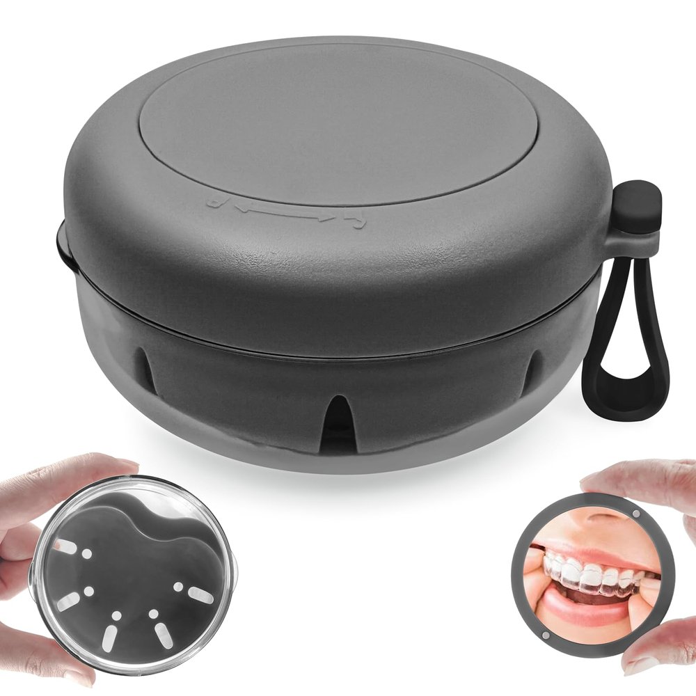 THSTOIC Denture Case & Cup, Travel Retainer Case with Mirror, No-Leak False Teeth Cleaning Container: Full & Partial Dentures Soaking, Denture Bath Holder for Mouth Guards, Braces, Aligners (Black)