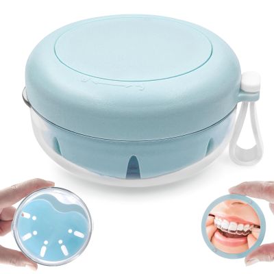 THSTOIC Denture Case & Cup, Travel Retainer Case with Mirror, No-Leak False Teeth Cleaning Container: Full & Partial Dentures Soaking, Denture Bath Holder for Mouth Guards, Braces, Aligners (Blue)