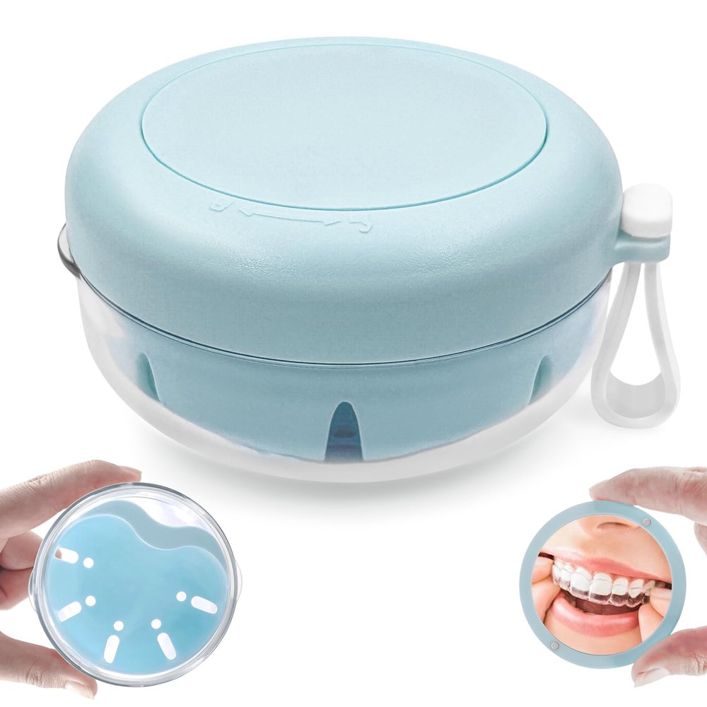 THSTOIC Denture Case & Cup, Travel Retainer Case with Mirror, No-Leak False Teeth Cleaning Container: Full & Partial Dentures Soaking, Denture Bath Holder for Mouth Guards, Braces, Aligners (Blue)