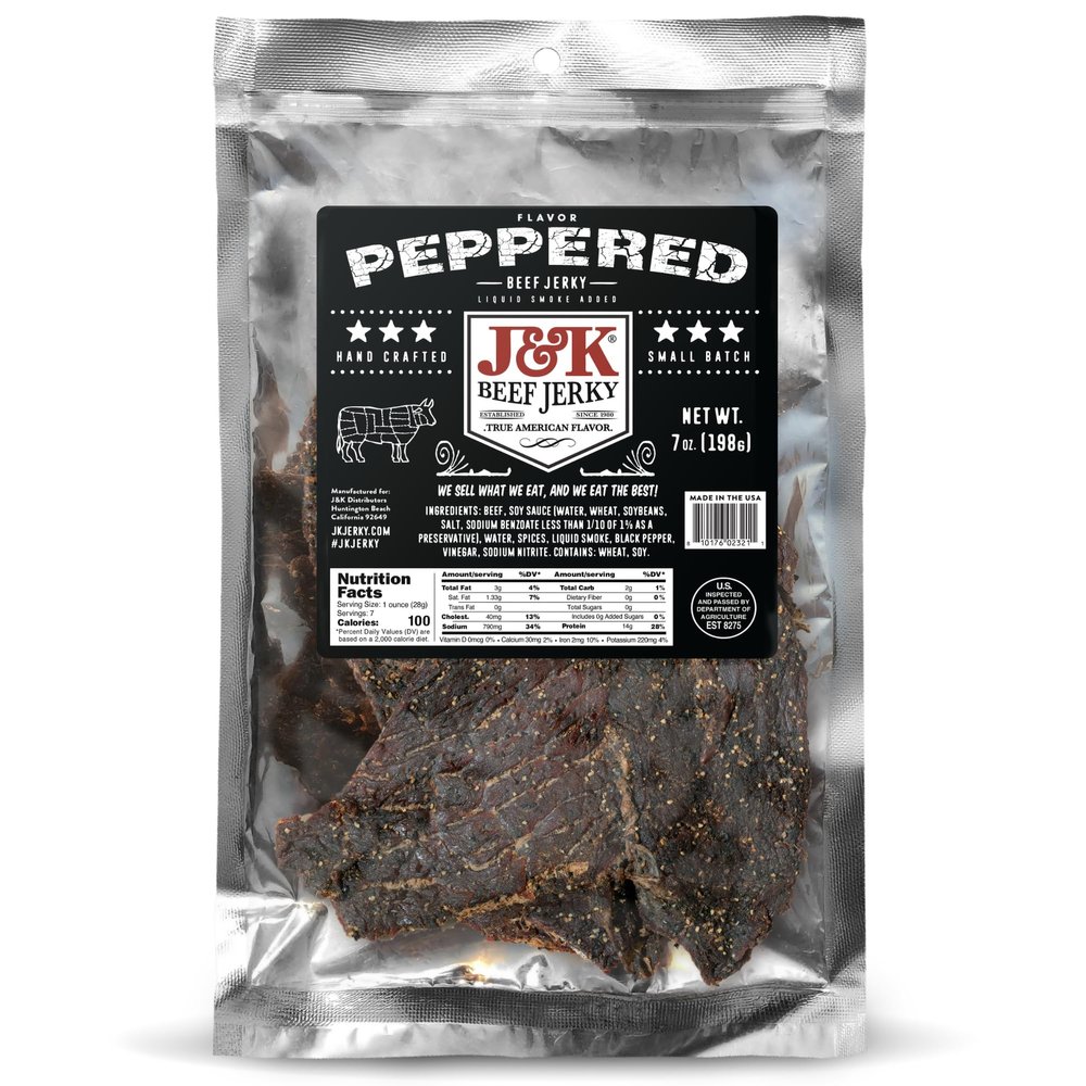 J&K Jerky Small Batch Handcrafted Beef Jerky (7oz, Peppered)