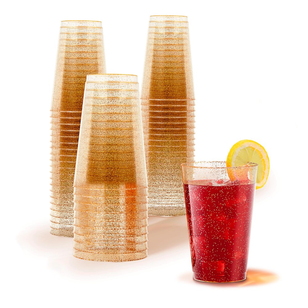 14oz Gold Glitter Plastic Cups (50 Pack), Elegant Party Cups for Birthday Parties, Weddings, and Holidays, Fancy Disposable Cocktail Glasses, Clear and Gold Cups, Bulk Wine and Mimosa Cups