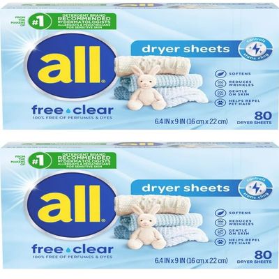 2 Pack- Fabric Softener Dryer Sheets for Sensitive Skin, Free Clear, 80 Count (160ct)