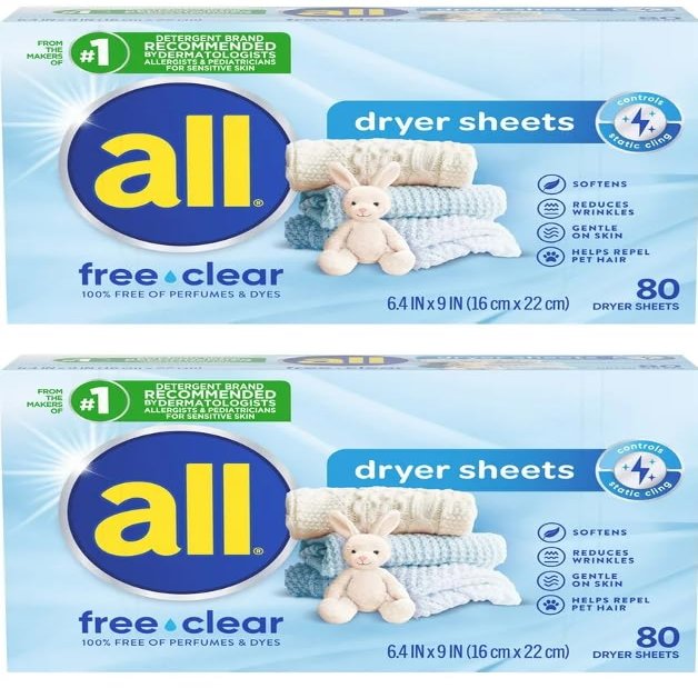 2 Pack- Fabric Softener Dryer Sheets for Sensitive Skin, Free Clear, 80 Count (160ct)