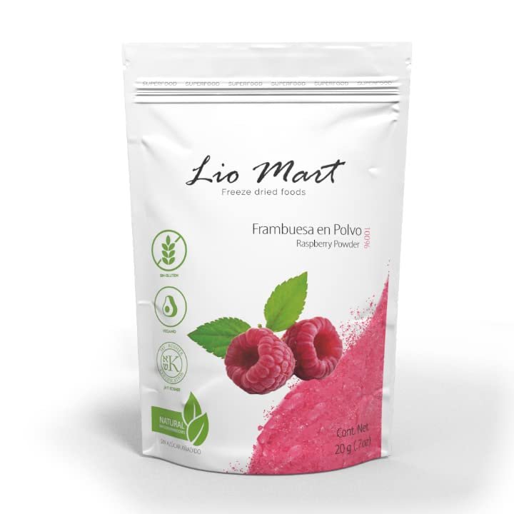 LioMart Dry fruit Powder- Freeze dried Raspberry. Delicious, Natural, and Healthy Fruit with no added sugar. Perfect dried fruit for backing, smotthies, topping and more. 10 Pack box with .705oz each.