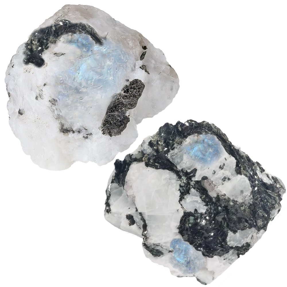 NUKAYAI 2Pcs Moonstone Crystals 1.8-2.2" Large Raw Crystals and Healing Stones Rough Rocks for DIY Wrapping Wire Cabbing Gifts Fountain Decoration Polishing Wicca Reiki Natural Rainbow Moonstone Rock