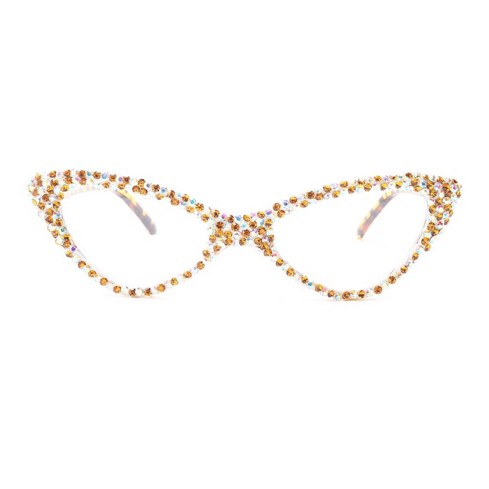 bullabulling Cat Eye Sparkling Rhinestone Reading Glasses for Women Crystal Eyewear Frames Female Trendy bling Diamond Reader (yellow, 2.0, x)