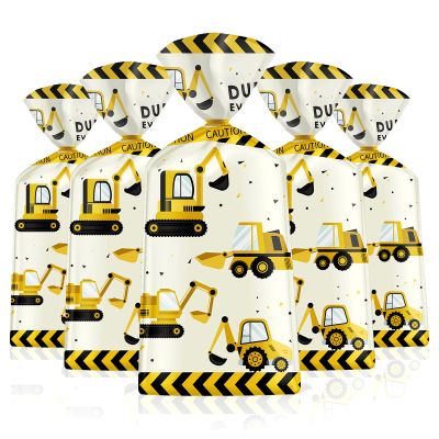 50 Pack Construction Party Favor Bags - Construction Theme Treat Bags, Truck Themed Cello Cellophane Gift Candy Goodie Bag with Gold Twist Ties for Kids Construction Birthday Party Supplies Favors