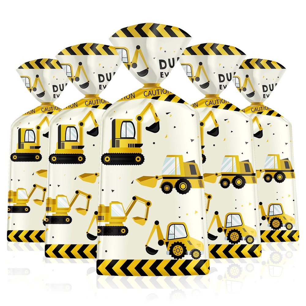 50 Pack Construction Party Favor Bags - Construction Theme Treat Bags, Truck Themed Cello Cellophane Gift Candy Goodie Bag with Gold Twist Ties for Kids Construction Birthday Party Supplies Favors