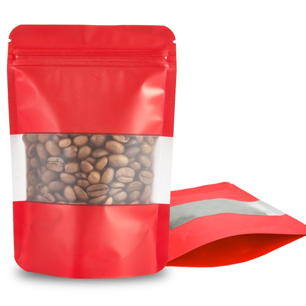 100 Pieces Resealable Mylar Bags, Stand Up Smell Proof Bags with Matte Window, Zipper Lock Foil Pouch Packaging (Red, 3.5 X 5.1 Inch)