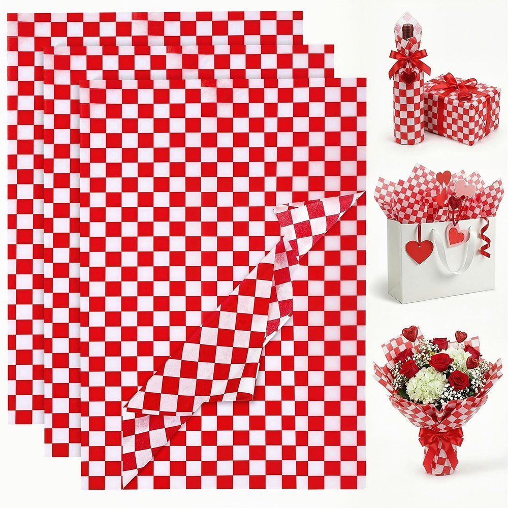 HEYPLACE 100 Sheets Checkered Tissue Paper, 14x20 Inch Red and White Gift Wrapping Paper for Christmas DIY Crafts Art Project Birthday Wedding Baby Shower Decorations