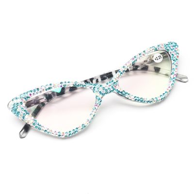 bullabulling Cat Eye Sparkling Rhinestone Reading Glasses for Women Crystal Eyewear Frames Female Trendy bling Diamond Reader (blue, 3.25, x)
