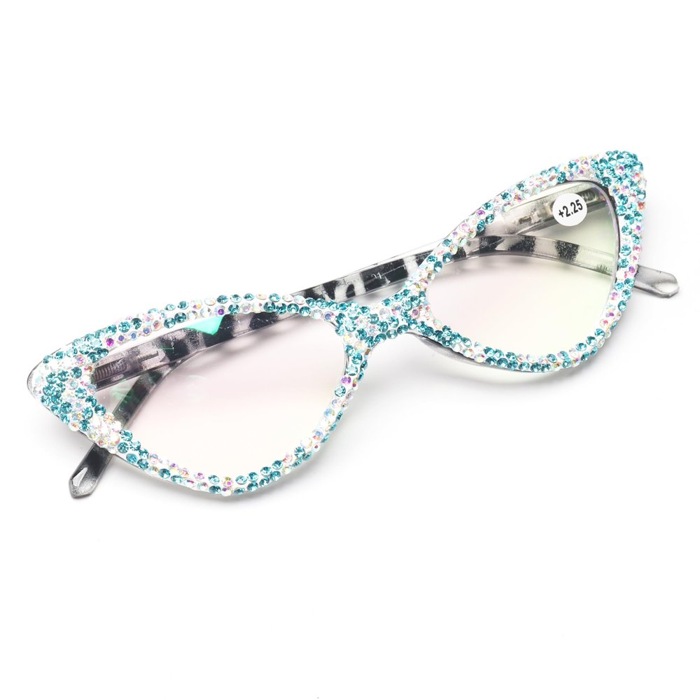 bullabulling Cat Eye Sparkling Rhinestone Reading Glasses for Women Crystal Eyewear Frames Female Trendy bling Diamond Reader (blue, 3.25, x)