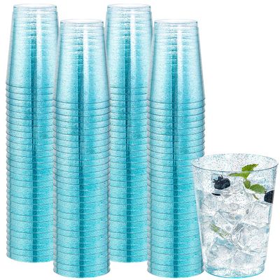 DaYammi 100 Pack 10 oz Blue Plastic Cups Disposable Cups Tumblers, Elegant Blue Glitter Party Drinking Cup Perfect for Wedding, Fancy Disposable Cups Plastic Cocktail Glasses Wine Glasses for Party