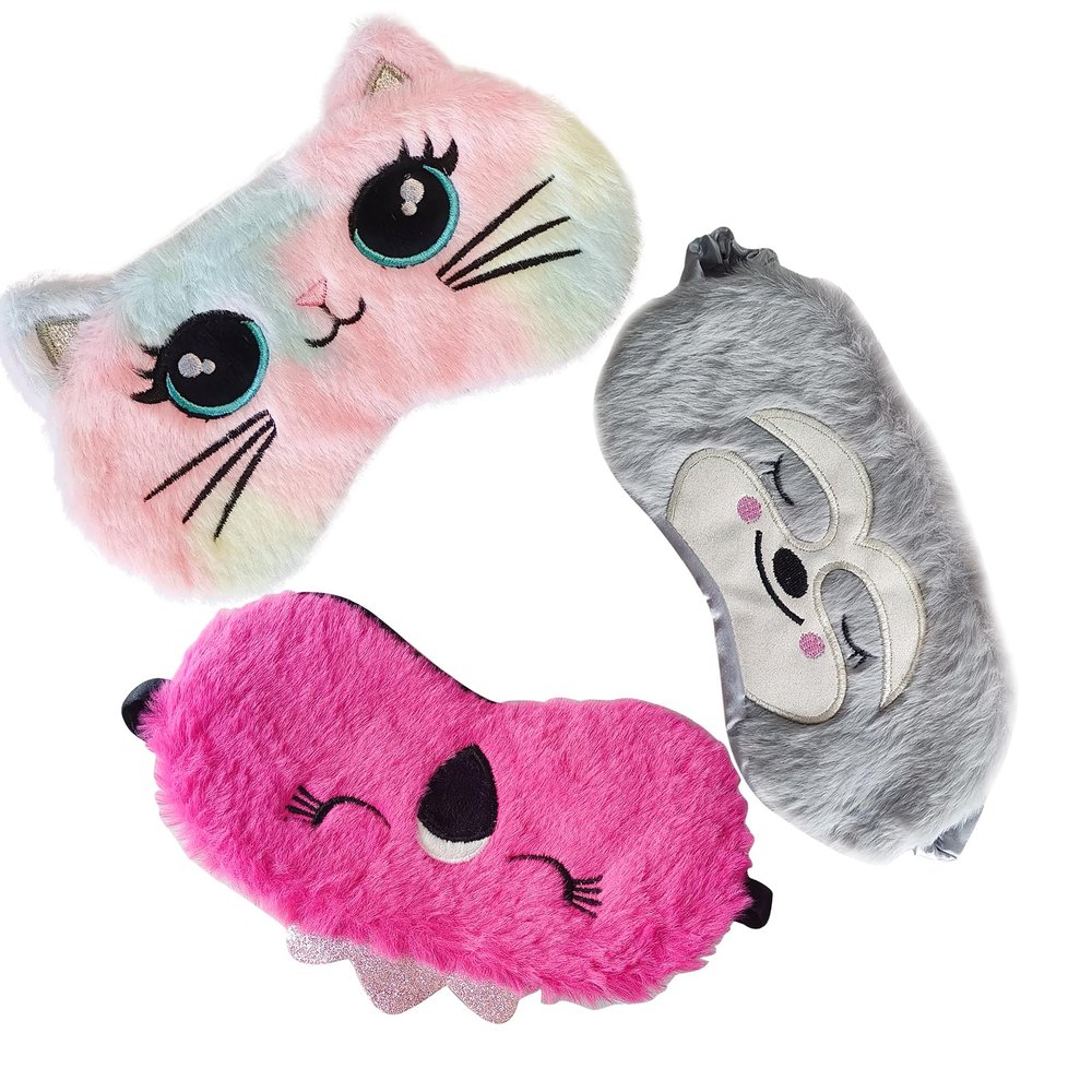 Cute Animal Sleeping Mask Soft Plush Blindfold Cute Rabbit Panda Koala Eye Cover Eyeshade for Kids Teens Girls Women (3Pack Multicolor)