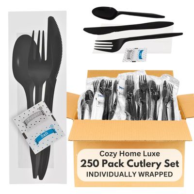 Cozy Luxe Home 250-Pack Plastic Cutlery Set - Fork, Spoon, Knife, Napkin, & Salt Pepper - Black Plastic Cutlery Packets | Plastic Silverware Sets Individually Wrapped Cutlery Set Disposable, White