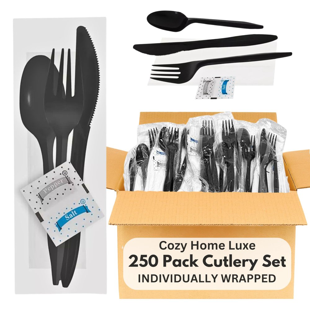 Cozy Luxe Home 250-Pack Plastic Cutlery Set - Fork, Spoon, Knife, Napkin, & Salt Pepper - Black Plastic Cutlery Packets | Plastic Silverware Sets Individually Wrapped Cutlery Set Disposable, White