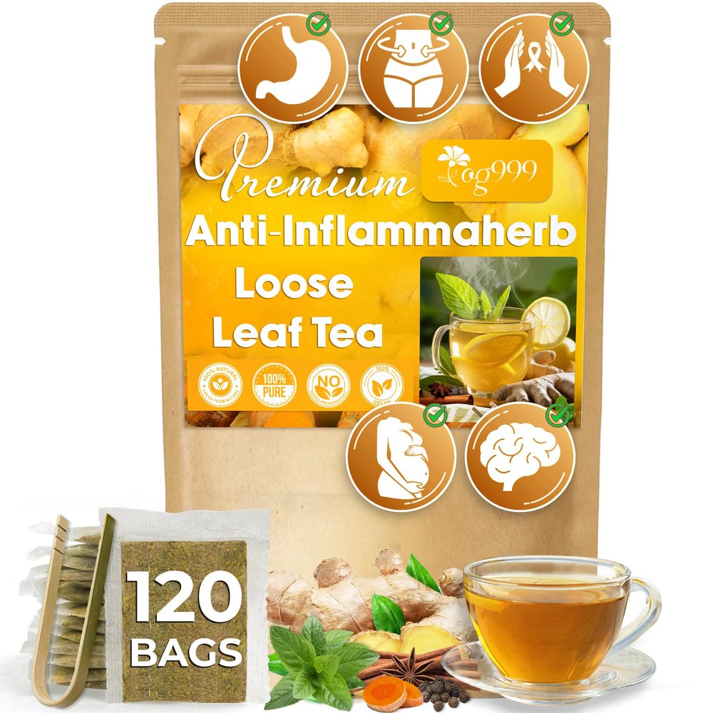 120 Tea Bags - Anti-Inflammaheb Loose Leaf Tea, 100% Natural from Ginger, Turmeric, Peppermint, Black Pepper, Cinnamon. Made with Natural Material Tea Bags. No Sugar, No Caffeine, No Gluten, Vegan.