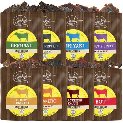 Jerky.com Beef Jerky Sampler - Featuring Original, Black Pepper, Teriyaki, Sweet & Spicy, Hot, Habanero, Blackened Cajun, Honey Teriyaki - Great Gift for Men (8 Flavors - 1 oz. bags))