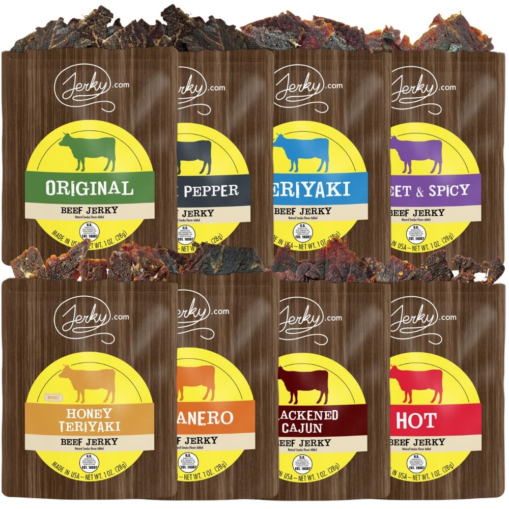 Jerky.com Beef Jerky Sampler - Featuring Original, Black Pepper, Teriyaki, Sweet & Spicy, Hot, Habanero, Blackened Cajun, Honey Teriyaki - Great Gift for Men (8 Flavors - 1 oz. bags))