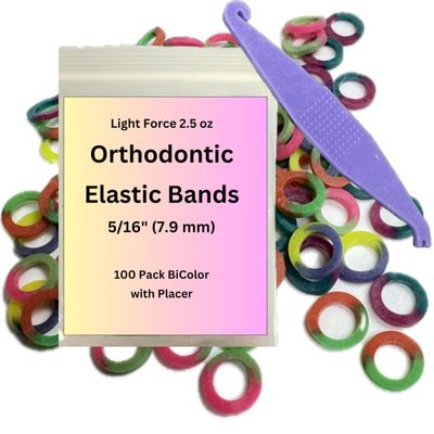 5/16 Inch Orthodontic Elastic Rubber Bands, 100 Pack, Bi-Color, Lightweight 4.5 Ounce Small Rubberbands Dreadlocks Hair Braids Fix Tooth Gap, Free Elastic Placer for Braces (Light, 5-16)