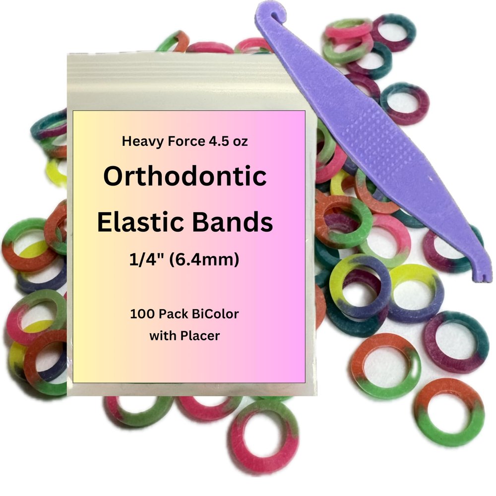1/4 Inch Orthodontic Elastic Bands - 100 Pack, Bi-Color, Heavy Force 4.5 oz - Dental Bands, Teeth Gap Fixer, Dreadlock Bands, 1 Elastic Placer for Braces Included