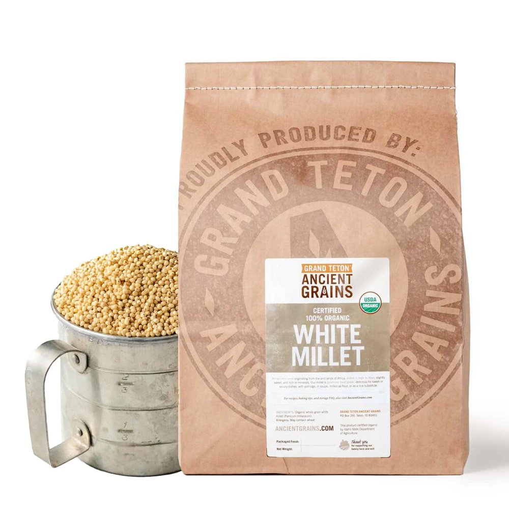 100% Organic White Millet by Grand Teton Ancient Grains | Shelled, Gluten-Free, Hulled Grain for Salads, Pilafs, & Soups | Whole Grain Ready for Milling, (48 Pounds)