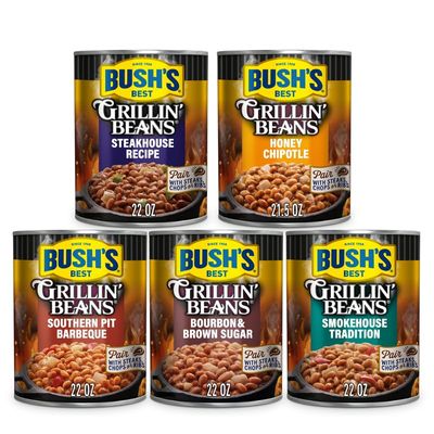 Bush's Best Grillin' Beans Variety Pack, 5 Flavors, 1 of Each Flavor (Smokehouse Tradition 22oz, Southern Pit Barbecue 22oz, Steakhouse Recipe 22oz, Bourbon & Brown Sugar 22oz, Honey Chipotle 21.5oz)