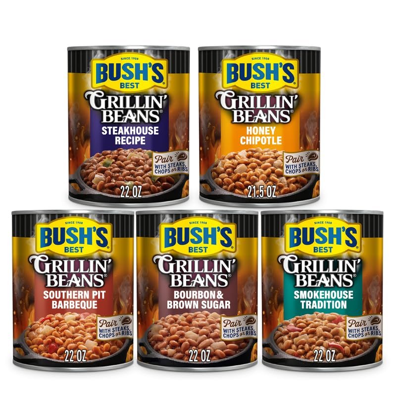 Bush's Best Grillin' Beans Variety Pack, 5 Flavors, 1 of Each Flavor (Smokehouse Tradition 22oz, Southern Pit Barbecue 22oz, Steakhouse Recipe 22oz, Bourbon & Brown Sugar 22oz, Honey Chipotle 21.5oz)