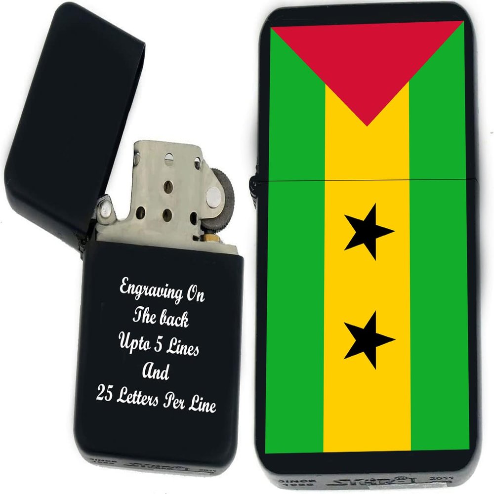 Flags of The World Nations UV Printed Windproof Oil Lighter - Personalized Custom Engraving on The Back P -T (Sao-Tome-and-Principe) - Christmas, Halloween & Valentines Day Gift