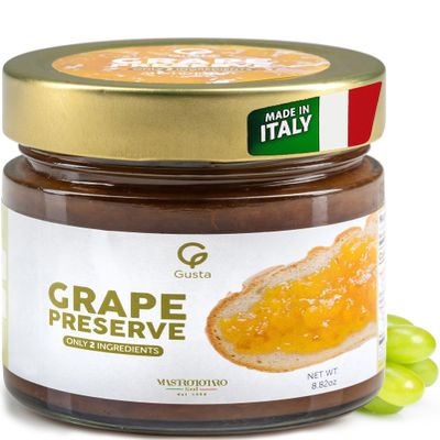 Gusta Grape Preserve Jam - Made in Italy Fruit Preserve & Jam - Only 2 Ingredients - Perfect Grape Jam for Baking - Non-GMO, All Natural - Fresh & Genuine Italian Delicacy - 8.82oz Glass Jar