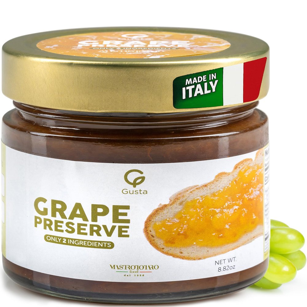 Gusta Grape Preserve Jam - Made in Italy Fruit Preserve & Jam - Only 2 Ingredients - Perfect Grape Jam for Baking - Non-GMO, All Natural - Fresh & Genuine Italian Delicacy - 8.82oz Glass Jar